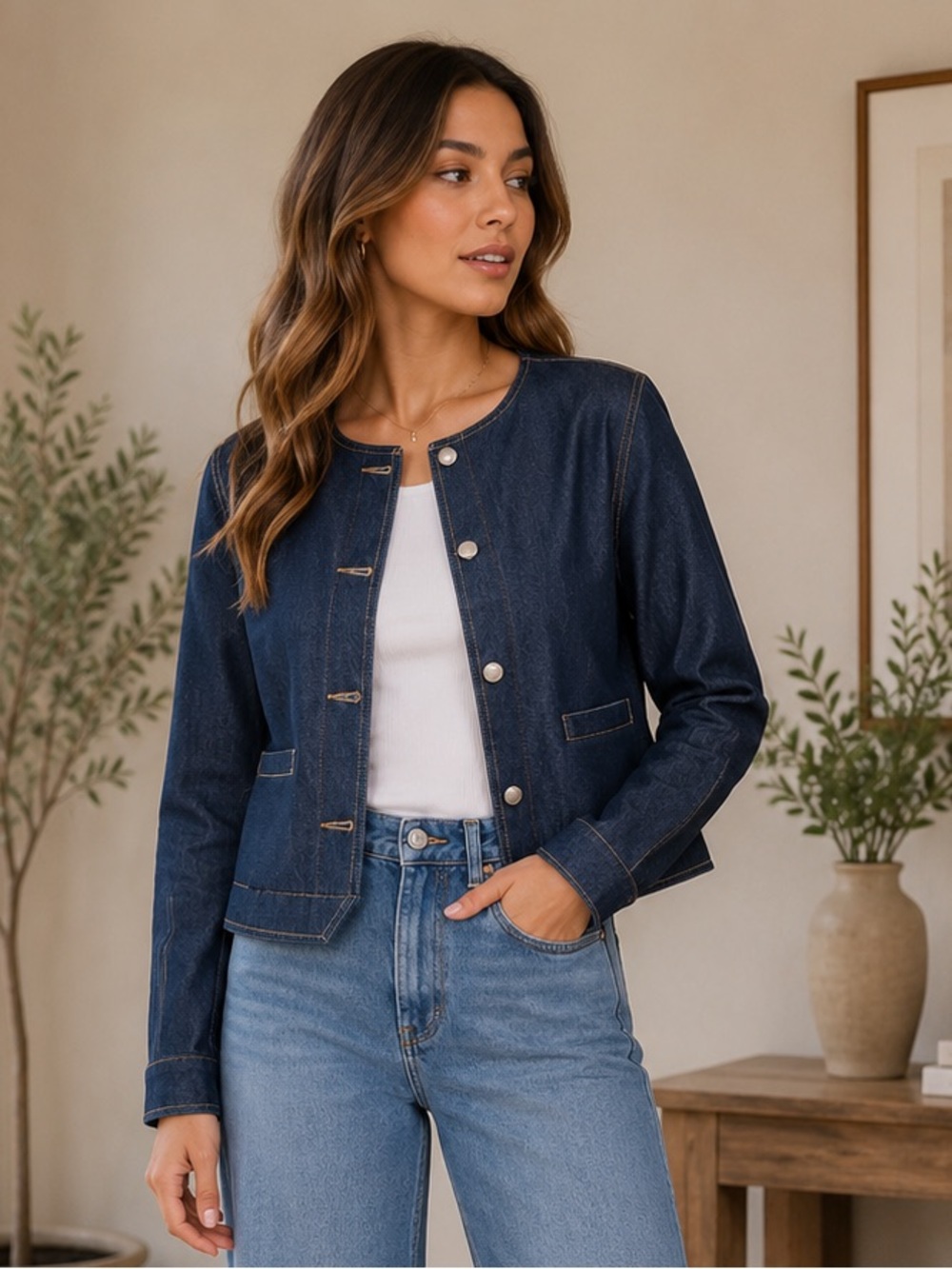 💙 Chic Dark Wash Denim Jacket – Modern Collarless Style